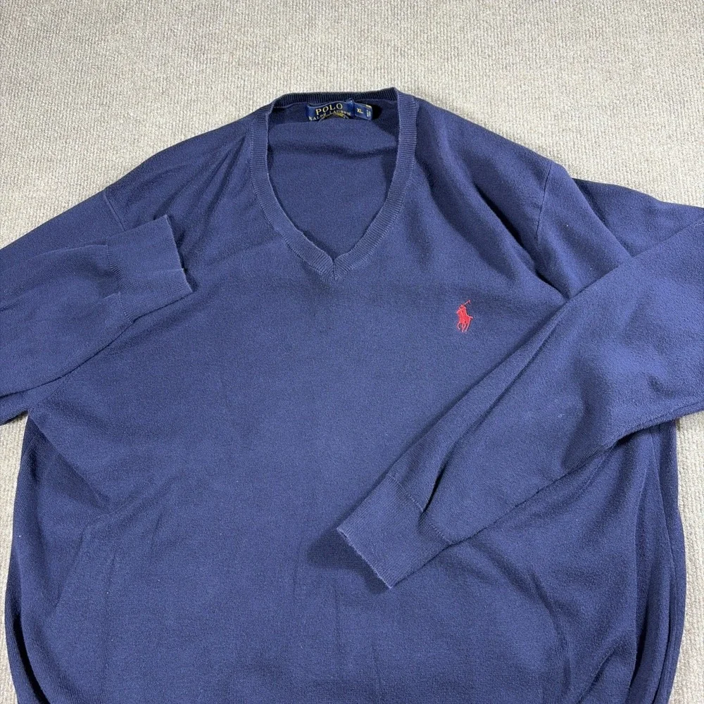 Polo Ralph Lauren Mens V Neck Sweater Size XL Navy Blue Pony Logo Pima Cotton